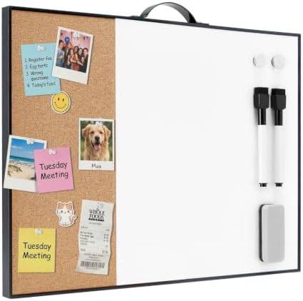 Small Cork Board Whiteboard Combo - 12" X 16" Portable Aluminum Black Framed Magnetic Dry Erase Board for Wall, Mini Bulletin CorkBoard with a Handle for Office, Home and School