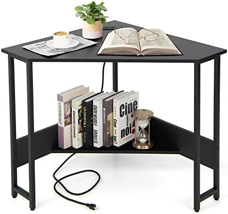 COSTWAY Corner Computer Desk, with USB Ports & Power Outlet, Storage Shelf for Small Space, Triangle Steel Frame Corner Desk for Home Office, Workstation (Black)