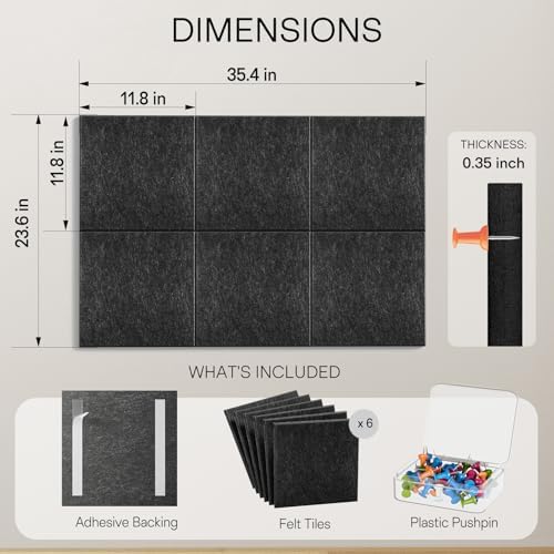 MaxGear Felt Bulletin Board 36" x 24", Dark Gray Felt Wall Tiles Push Pins