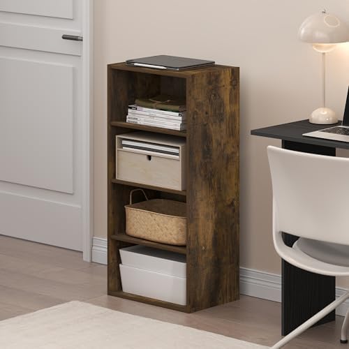 Furinno Basic Book Shelf, 4-Tier Bookcase with Open Shelf, Bookshelf, Cube Storage Organizer, 11 x 17 x 35, for Living Room, Bedroom, Home Office, Amber Pine