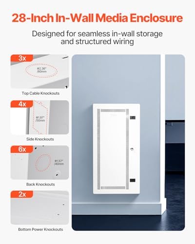 VEVOR Media Enclosure, 28-Inch, Structured Media Center with Vented Hinged Door, Cable Management Box, Structured Wiring Multi-Media Cabinet, Recessed Electrical Media Box, for Network Distribution