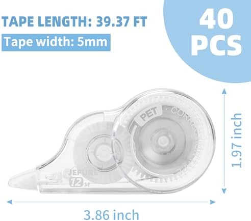 40 Pcs Correction Tape, 39.4 Ft, Tear-Resistant, 0.2 in Width