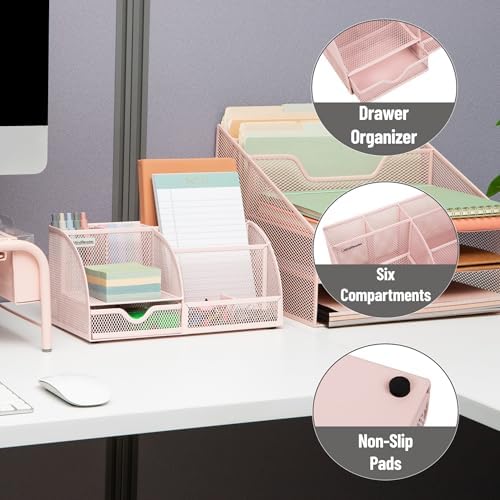 Mind Reader 7-Compartment Desktop Organizer, Metal Mesh Desk Organizer for Pens, Sticky Notes, Mail and Office Supplies, Pink