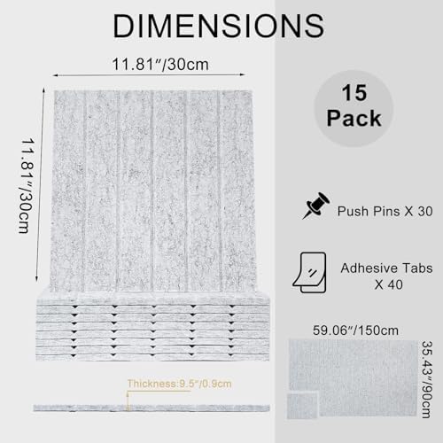 15 Pack Felt Bulletin Board Tiles (12x12 Inch) Self Adhesive Cork Board Alternative for Walls with 30 Push Pins Decorative Acoustic Panels & Pin Board for Home Office, Classroom, Vision Board Decor