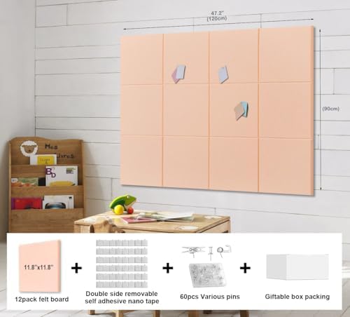 Felt Wall Tiles Bulletin Board Large Cork Board Alternative 12 Pack 11.81”x11.81”x0.47” Felt Pin Board Tack Board with Safe Removable Adhesive Tabs for Home Office School 48x36(Light Pink)