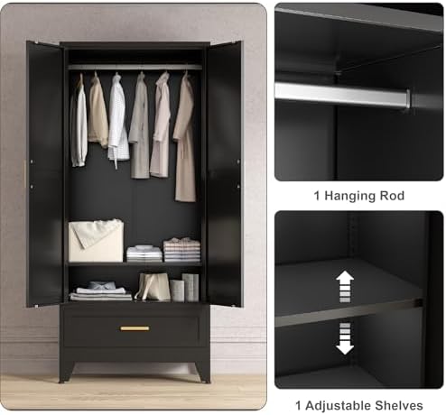 Washsemba 71'' Black Farmhouse Metal Wardrobe Cabinet with Hanging Rod, 2 Barn Door Wardrobe Closet with Adjustable Shelves,Drawer,for Dining Room,Bedroom,Living Room, Cloak Room,Office