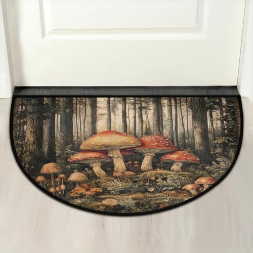 Mushrooms Forest Half Round Door Mat Non Slip Washable Semi Circle Area Rug Absorbent Soft Half Moon Rug Floor Mat for Indoor Outdoor Kitchen Bathroom Patio Front Door Mat Decor