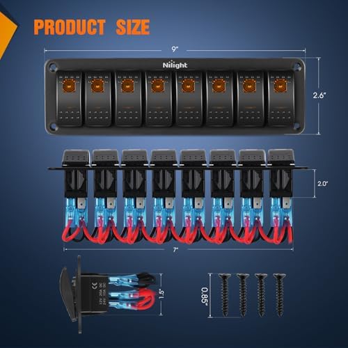 Nilight 8 Gang Rocker Switch Panel w/Orange LED Light 5Pin ON Off Pre-Wired