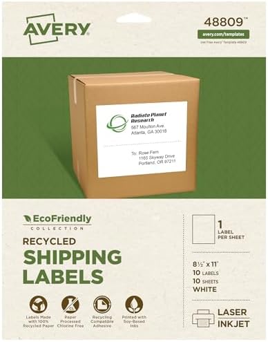 Avery® EcoFriendly Recycled Shipping Labels, 8-1/2" x 11" Full-Sheet Labels, White, Permanent Adhesive, Laser & Inkjet Printers, 10 Total, Great for Mailing, Product Merchandising, and More (48809)