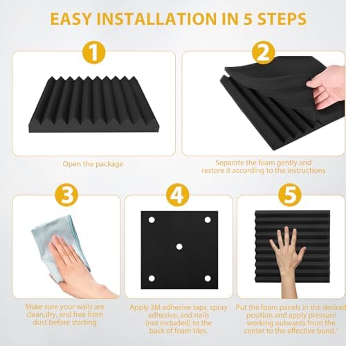 Acoustic Foam Panels 48 Pack 1" x 12"x 12" Saiqiang Black Soundproofing Panels Wedges for Wall Noise Absorbing and Sound-Damping Fire-Resistant Sound Proof for Studio, Gaming Room