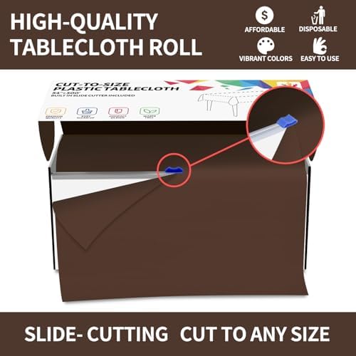 CXPSINC 54 Inch X 300 Feet Plastic Table Cover Roll Disposable Tablecloth with Slide Cutter for All Type/Shape Tables | Party, Banquet, Birthdays, Weddings(Brown, 300 Feet)