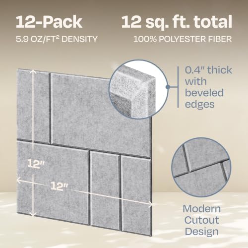 Acoustic Panels 12-Pack Soundproof Wall Panels 12"x12"x0.4" Decorative Sound Dampening for Your Home, Office, Studio, Bedroom & More with Unique GridFrame Carving [Light Gray]