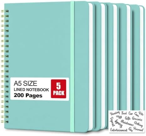 5 Pack Hardcover Spiral Notebooks, 8.3" x 6.3" Lined Journal Set, 100 GSM Bleed-Resistant Paper, 200 Pages Twin-Wire Bound Notebook with Elastic Band & Category Stickers for Office, School