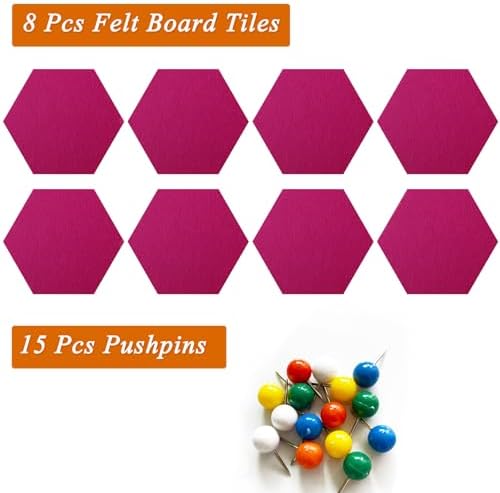8 Pcs Hexagon Felt Cork Bulletin Board Tiles, Self Adhesive DIY Bulletin Board Pin Board for Office School Home Wall Decor Memos Photos Display(Rose Red)
