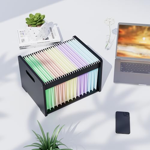 Bamboo Hanging File Organizer, Desktop File Box, Open Top, 1 Pack, Black | Open-Top Access, 2 Hanging Folders Included, Letter & Legal Files, Sliding Rails, Reinforced Handles, Easy Assembly