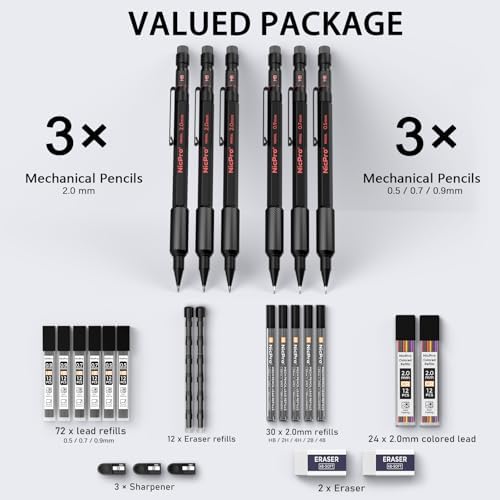 Nicpro 6 PCS Metal Mechanical Pencil Set, Art Drawing Pencil 0.5-2.0MM