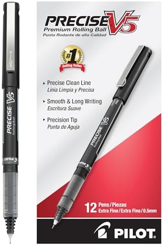 PILOT Precise V5, Extra Fine Point 0.5 mm Black Pens, Black, Pack of 12