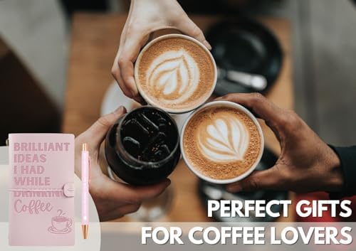 Coffee gifts Leather Journal Notebook with Pen, for Coffee Lovers, Men, Women on Birthday, Refillable Sketchbook, Travel Diary, Lined Planner, 7x5 Inches, Pink - Brilliant Ideas - Gold foil stamping