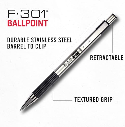 Zebra Pen STEEL F-301 Retractable Ballpoint Pen, Black Ink, 0.7mm, 4-Pack