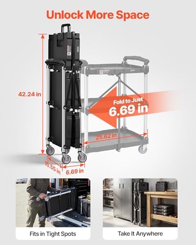 VEVOR Foldable Utility Service Cart, 165LBS 3 Shelf Heavy Duty Plastic Rolling Cart with 360° Swivel Wheels (2 with Brakes), Ergonomic Handle, Portable Garage Tool Cart for Warehouse Office Home