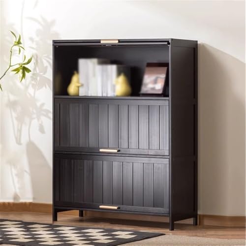 Bookcase Black Multi Tier Storage Bookcase, Bamboo Organizer Rack with Flip Lid Hoverable Doors, for Office Books Study Supplies Bookshelf Bookshelf(L100xW32xH106 cm)