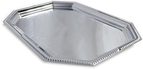 (Pack of 4) Elegant Floral Engraved Serving Tray Chrome Plated Steel Plate Platter Decorative Wedding Birthday Party Shiny Silver Color (Octagonal 20.1" x 13.8")