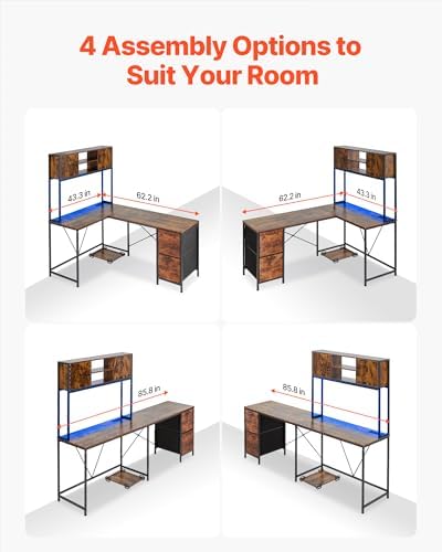 VEVOR L-Shaped Gaming Desk with LED Lights, 62.2-inch Reversible Corner Computer Desk with Power Outlets, Movable CPU Stand & Storage Drawers, Modern Stylish PC Gaming Table for Home Office