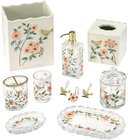 Avanti Linens – Wastebasket, Embossed Hand-Painted Resin with Scalloped Edge, Nature-Inspired Home Decor – Perfect for Bathroom, Bedroom or Office (Pretty Birds)
