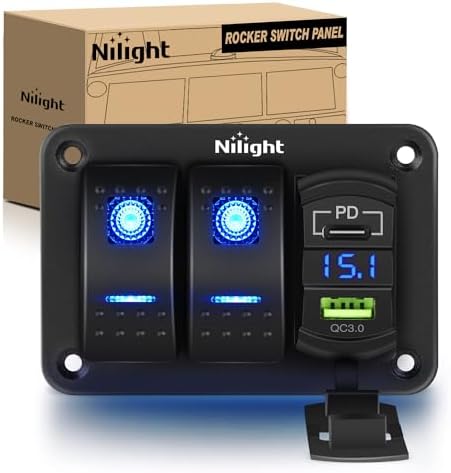 Nilight 2 Gang Rocker Switch Panel w/PD Type C and USB Socket Voltmeter