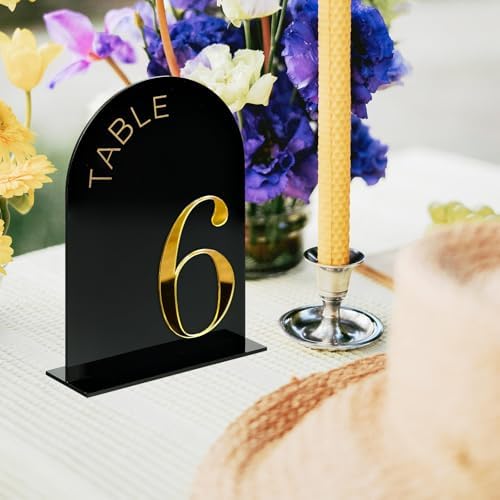 Black Arch Wedding Table Numbers 1-10, Gold Numbers and Stands