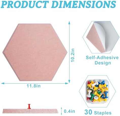 8 Pack Hexagon Cork Board Alternative for Walls Decor, 12" x 10" Self-Adhesive Felt Bulletin Board Tiles with 30 Pushpins, Acoustic Panels for Office,Classrooms (Macaron Fresh)