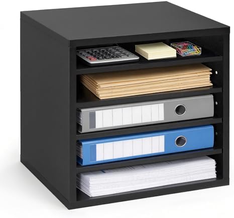 VEVOR Literature Organizer, 5 Compartments Office Mailbox with Adjustable Shelves, Wooden Mailbox Sorter with MDF, Countertop Office Home Classroom Storage Organizer for File, Document, Paper, Black