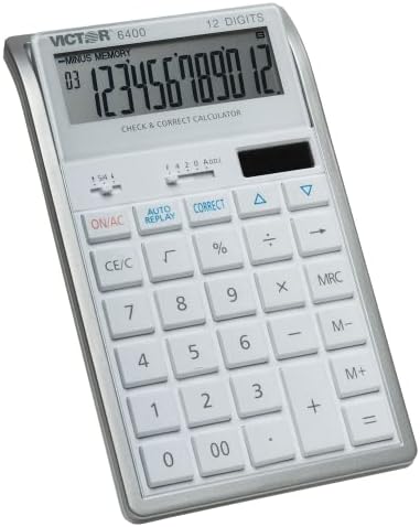 Victor 12-Digit Battery/Solar Desktop Calculator, Twelve-Digit Tilt LCD Display, White Simple Calculator with Silver Accents (6400)