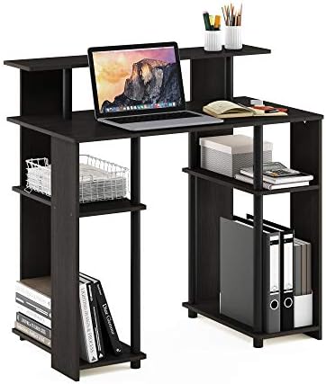 35.3 Wide Gaming Desk with Raised Hutch and Open Shelf, Simple Design Computer Writing Desk, Office Desk for Bedroom, Home Office, Walnut