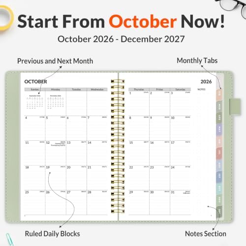 SUNEE 2027 Weekly & Monthly Planner 6.2"x8.5"- 12 Month (January 2027 - December 2027), Vegan Leather Cover, Pocket, Bookmark, Notes, Monthly Tab, Sage Green