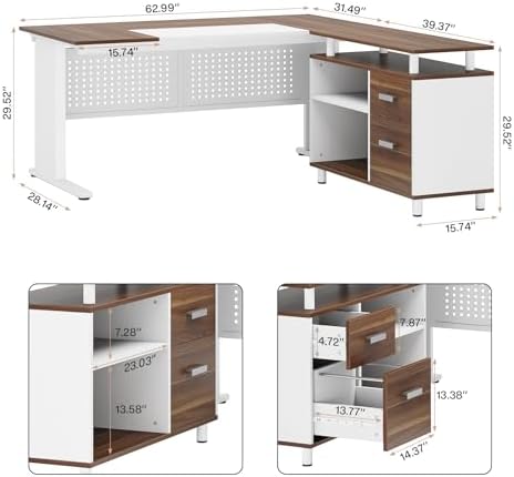 Tribesigns 63 Inch Executive Desk with File Cabinet, L Shaped Office Desk with Drawers and Storage Shelves, Business Furniture Set Workstation for Home Office, White and Walnut