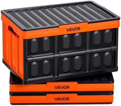 VEVOR Plastic Collapsible Storage Bins with Lids, 45L 3Packs, Stackable Folding Storage Crates with Handles, Holds 44 lbs Per Bin, Heavy Duty Containers, Space-Saving Baskets, for Home Organizing