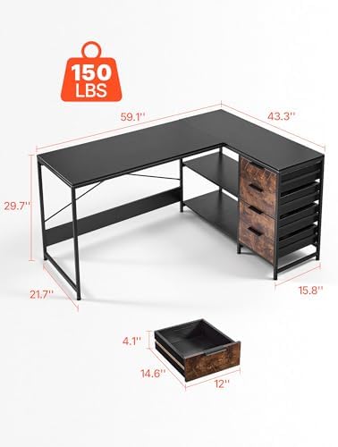 VEVOR L-Shaped Computer Desk, 59-inch Reversible Corner Gaming Desk with Drawers & Storage Shelves, Modern Stylish PC Table Sturdy Work Workstation for Home Office - Easy to Assembly