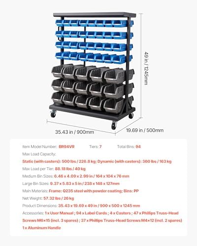 VEVOR 7-Tier Double-Sided Rolling Bin Storage Rack, 94 Plastic Bins, Dual-Sided Parts Organizer with Wheels, Mobile Tool Organizer for Garage, Warehouse, Office, Restaurant, Classroom, Kitchen