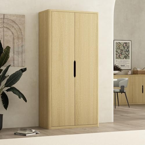 Manhattan Comfort Rivington Bookshelf 79 in Tall 5-Tier Bookcase with Soft Close Doors, Modern Storage Cabinet, Handle-Free, Round Corner Design for Living Room, Bedroom, or Home Office in Natural Oak