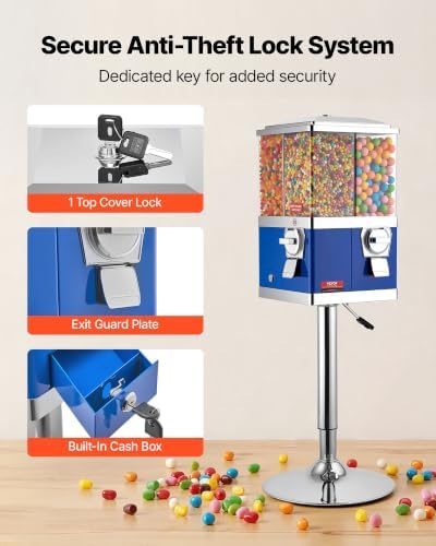 VEVOR Commercial Vending Machine, Four Compartment Rotatable Gumball and Candy Dispenser, Adjustable Height Coin Operated Candy Bank with Iron Stand, for Business Toy Capsules Bouncy Balls Nut, Blue