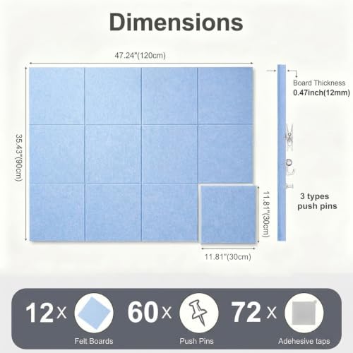 Felt Wall Tiles Bulletin Board Large Cork Board Alternative 12 Pack 11.81”x11.81”x0.47” Felt Pin Board Tack Board with Safe Removable Adhesive Tabs for Home Office School 48x36(Light Blue)