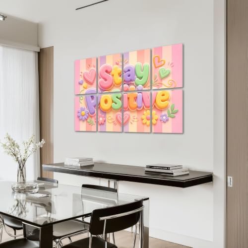 8 Pack Art Acoustic Panels Sound Absorbing Stay Positive Pastel Typography Hearts Flowers Striped Decorative Soundproof Wall Panels Self Adhesive for Home Recording Studios 48"x32"