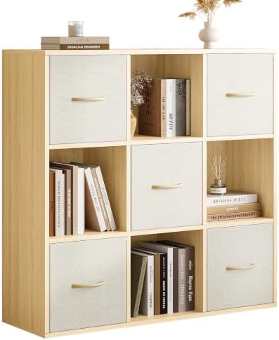 EXPERLAM 9 Cube Storage Organizer - Solid Wood Bookshelf with 5 Storage Bins, Cube Shelf with 3 Removable Back Panels, Vertical or Horizontal Bookcase, Open Book Shelf for Bedroom, Living Room, Office