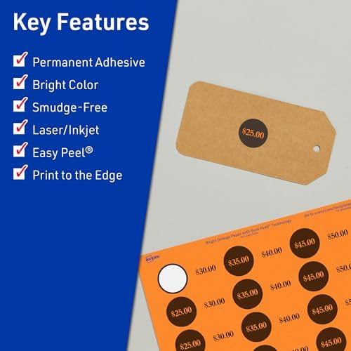 Avery Printable Round Labels, Sure Feed Technology, 1" Diameter, Bright Orange Labels, Print-to-the-Edge, Laser/Inkjet, 1,920 Total, Great for Price Stickers and Mailing Seals
