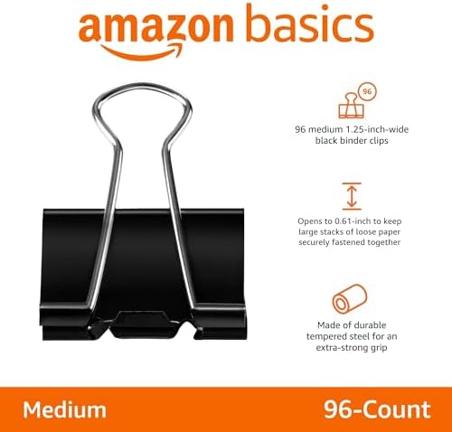 Amazon Basics Sturdy Binder Clips for Office Use, 96 Count, Medium, 1.25 in, Black (Pack of 12)