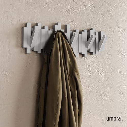 Umbra Sticks Wall Mount Coat Rack, 5 Hook Retractable Pegs, Grey