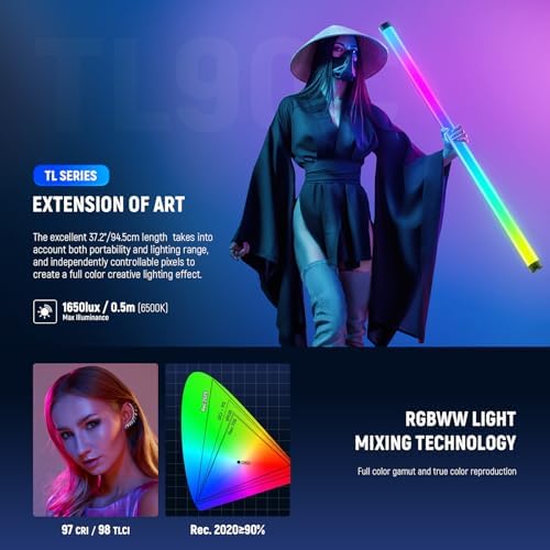 NEEWER RGB Tube Light, 30W LED Video Light RGBWW Full Color Stick Light Wand with 18 Scenes 7 Pixel Effects 2500-10000K CRI97/TLCI98 6000mAh, APP/2.4G/DMX Control for Photography Video Record, TL90C