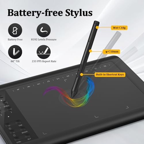 IMAGE Drawing Tablet 10x6 Inch, 8192 Pressure Levels & Battery-Free Pen