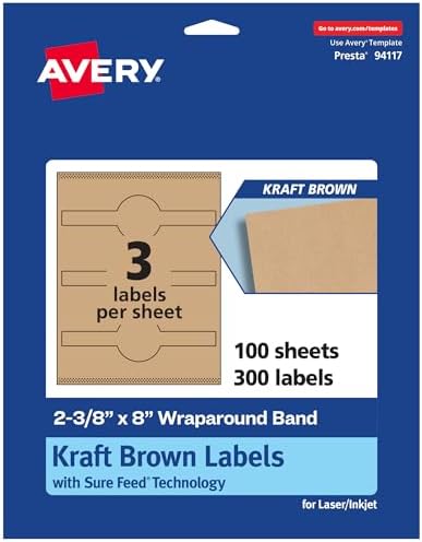 Avery® Kraft Brown Wraparound Band Labels, Sure Feed® Technology, 2-3/8" x 8", 300 Kraft Brown Labels, Laser/Inkjet Printable Labels
